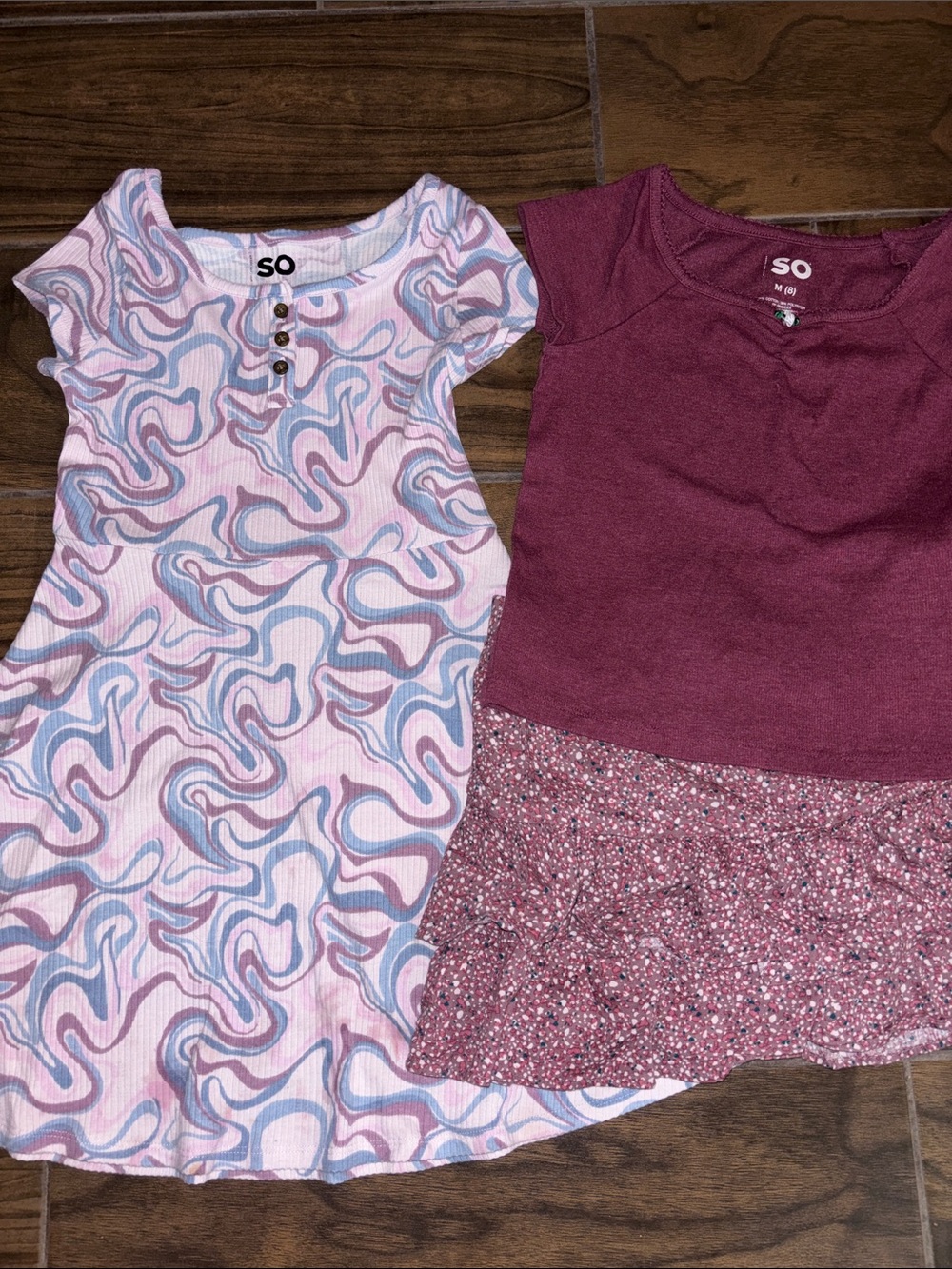 SO Girls' Pink & Blue Swirl Dress and  Ruffled Mauve Floral Skort